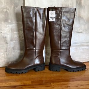 Zara Brown Leather Knee High Boots